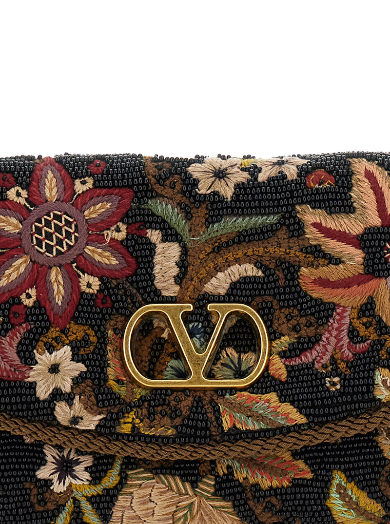 Valentino Garavani Floral-Embroidered Silk Shoulder Bag — Black