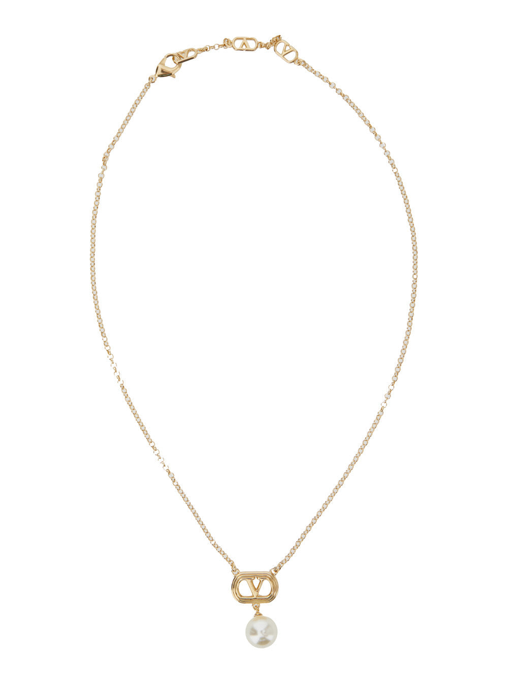 Valentino Garavani Vlogo Charm With Pearl Necklace — Gold Brass Necklaces