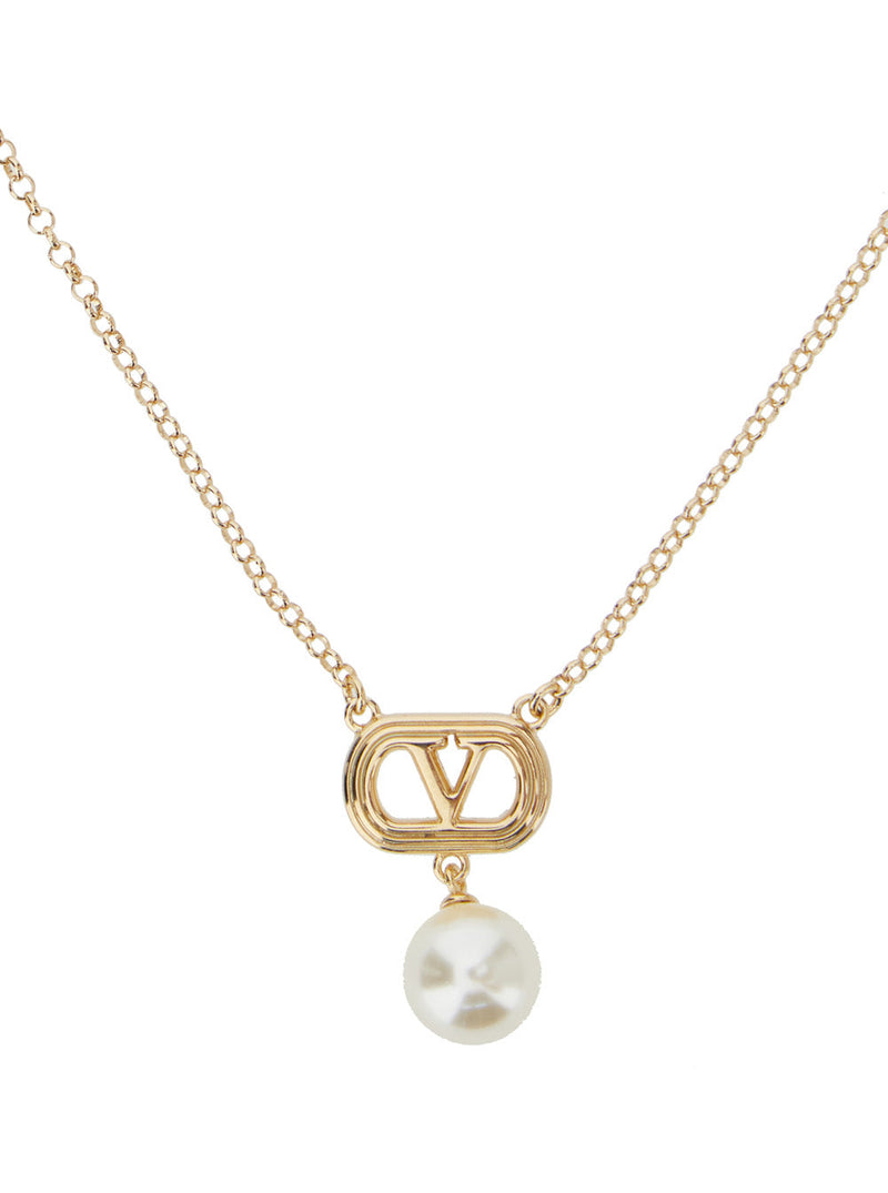 Valentino Garavani Vlogo Charm With Pearl Necklace — Gold Brass Necklaces