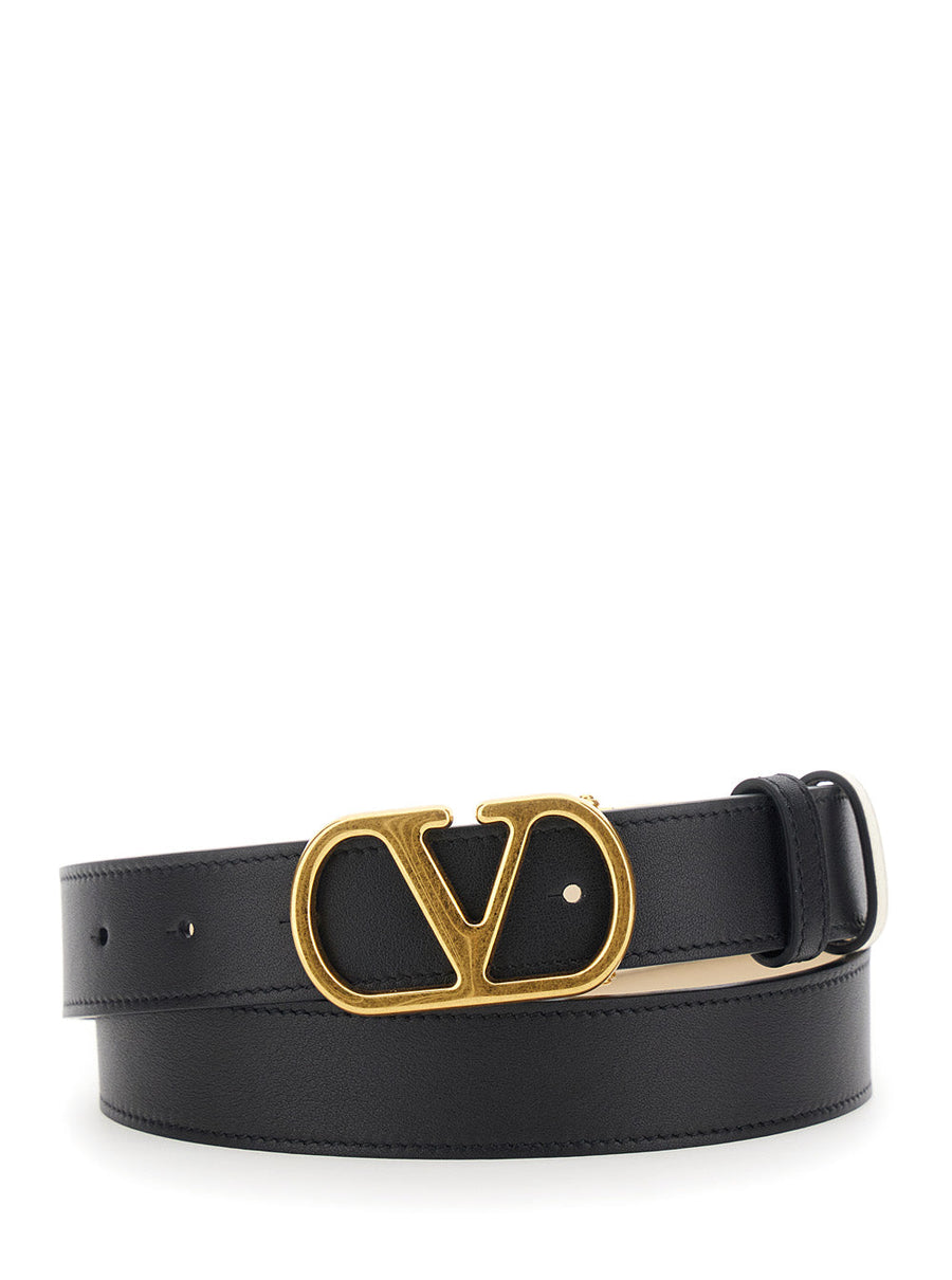 Valentino Garavani Vlogo Buckle Belt — Black Calf Leather