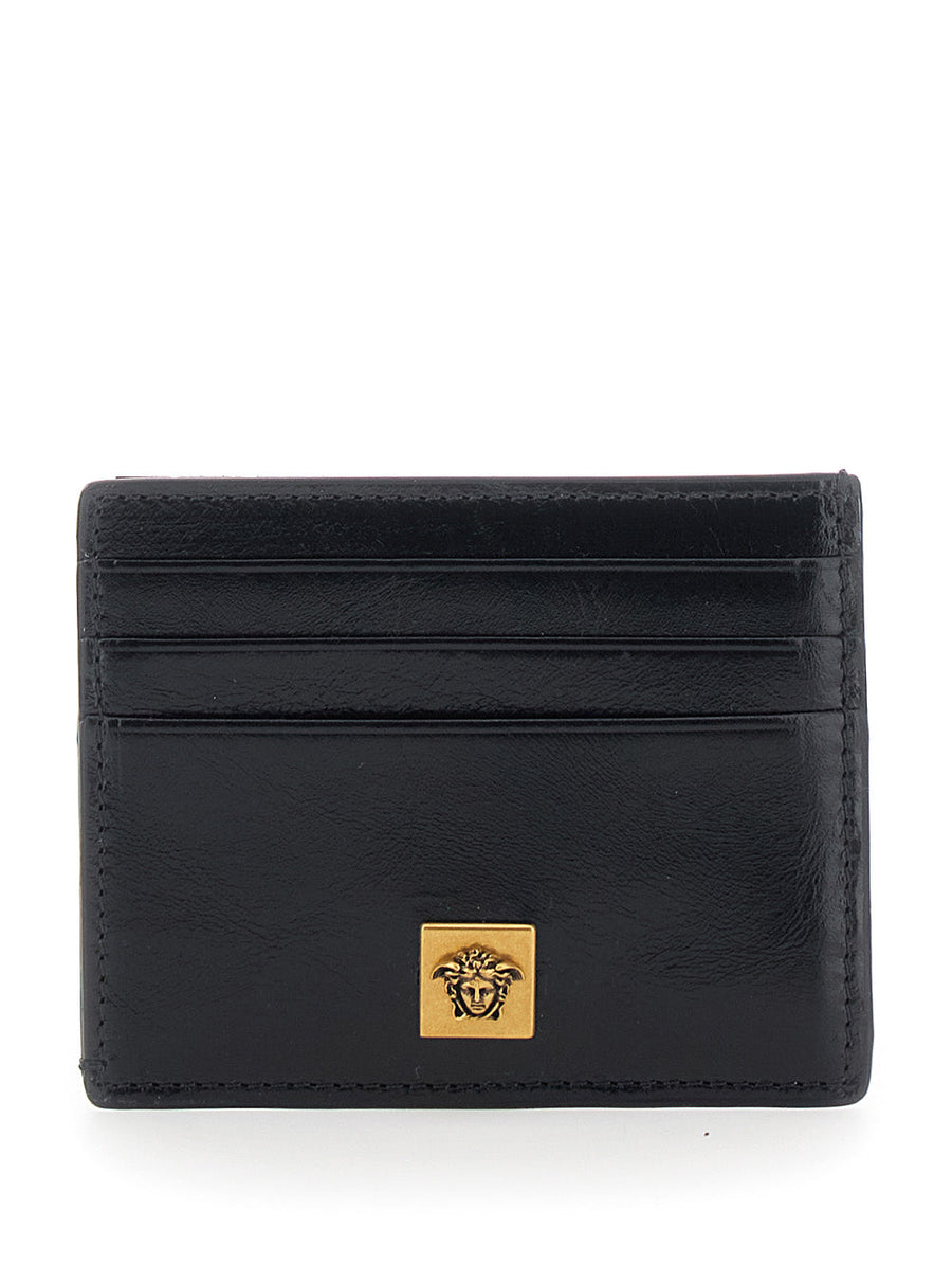 Versace Embossed Logo Lamb Leather Card Case — Black Cases