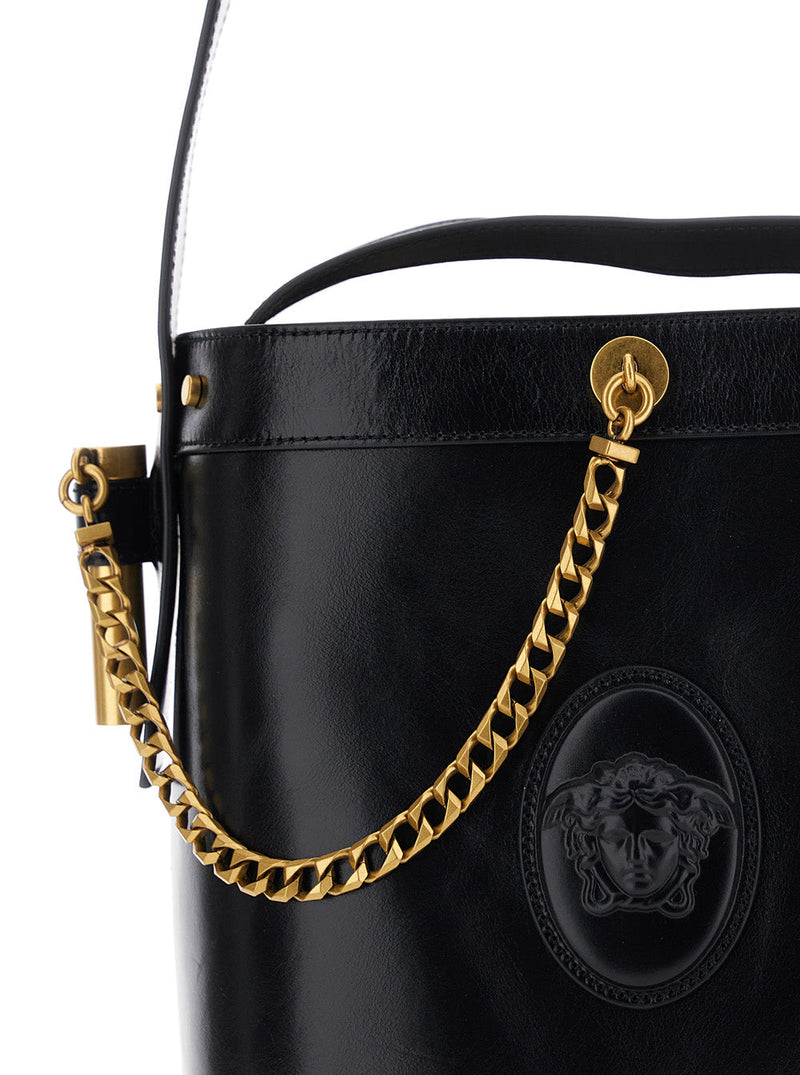 Versace Polished Leather Bucket Bag — Black