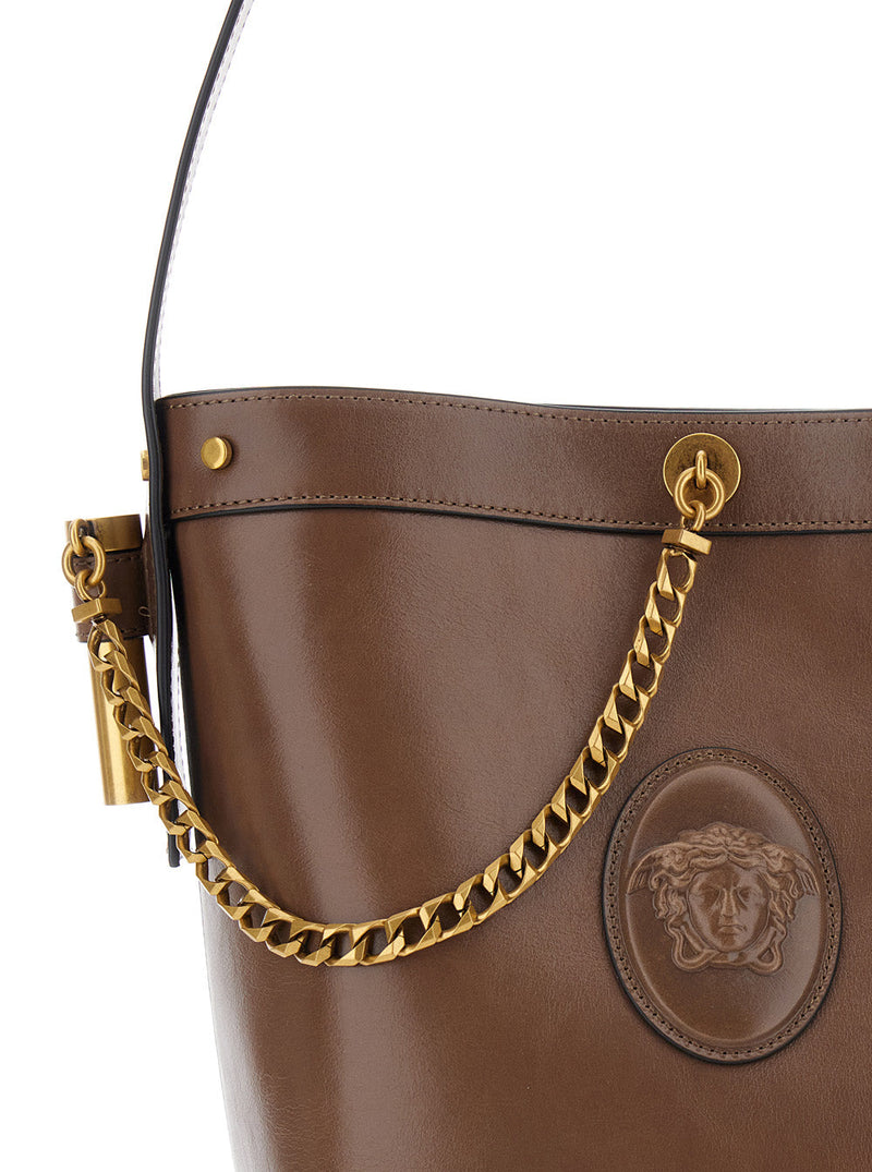 Versace Medusa Logo Leather Bucket Bag — Brown With Fabric Lining
