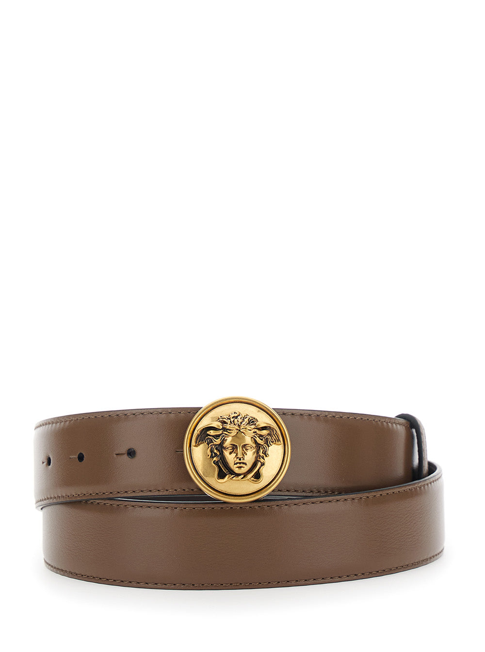 Versace Leather Belt With Medusa Buckle — Brown Calf