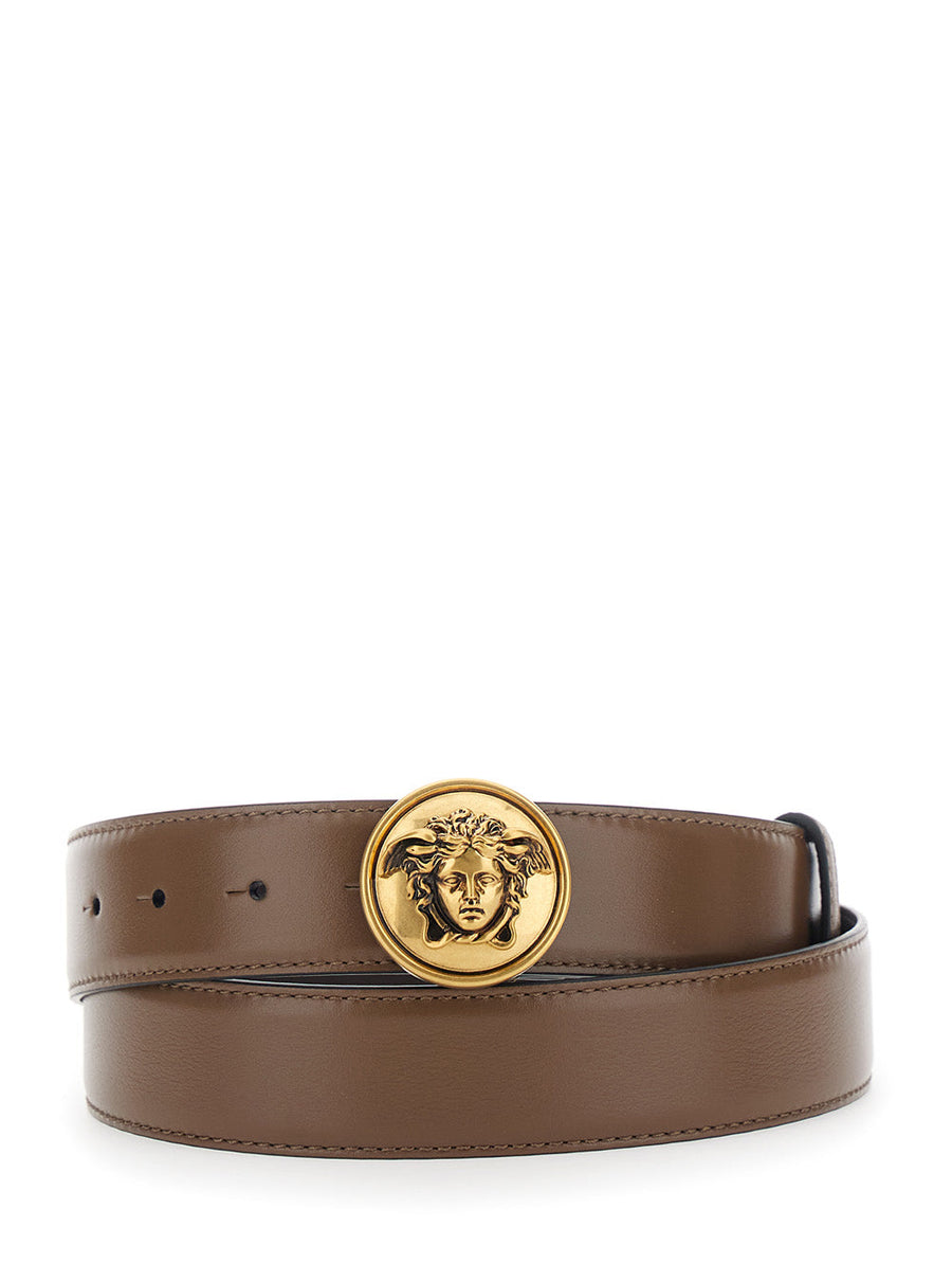 Versace Leather Belt With Medusa Buckle — Brown Calf