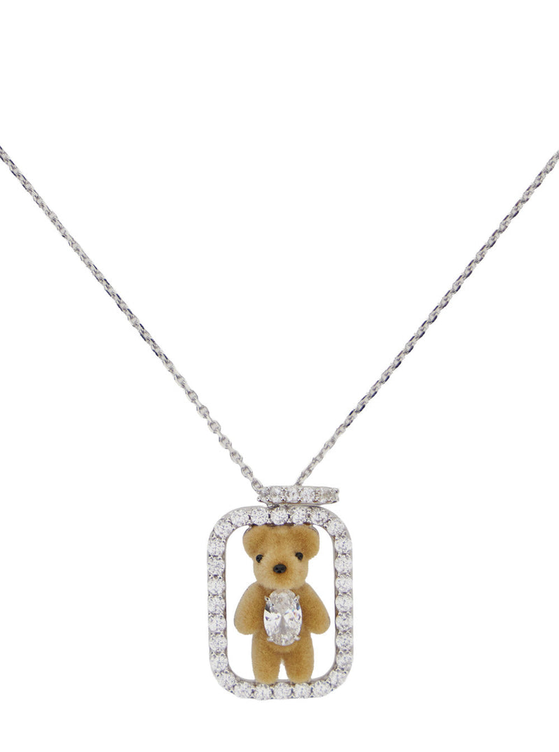 Yvmin Inlaid Mini Bear Pendant Necklace — Beige Fabric With Metal Hardware Necklaces