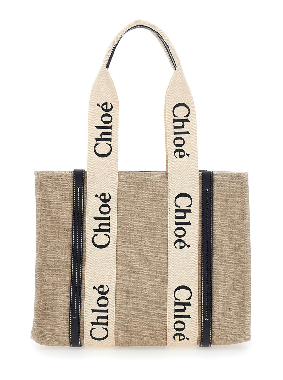 Chloé Logo-Printed Linen Tote Bag — Beige