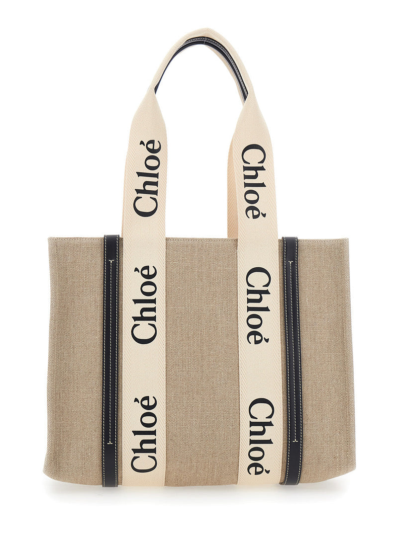 Chloé Logo-Printed Linen Tote Bag — Beige