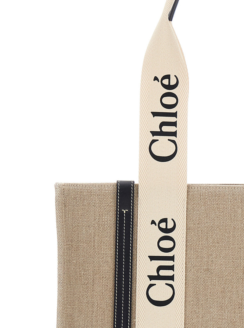 Chloé Logo-Printed Linen Tote Bag — Beige