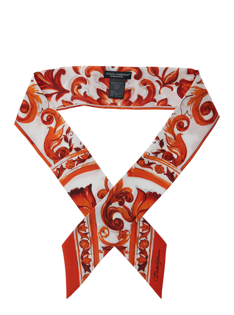 Dolce & Gabbana Silk Foulard Majolica Print Scarf — Orange Scarfs