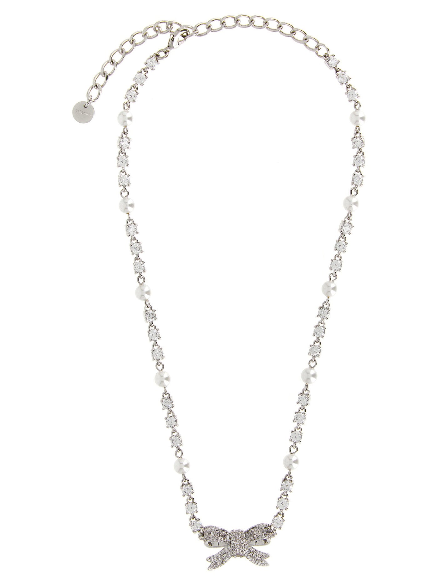 Self-Portrait Crystal Bow Pearl Necklace — Silver Necklaces