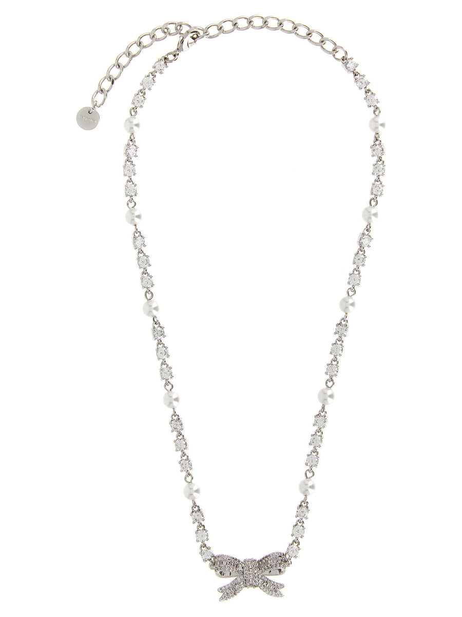 Self-Portrait Crystal Bow Pearl Necklace — Silver Necklaces