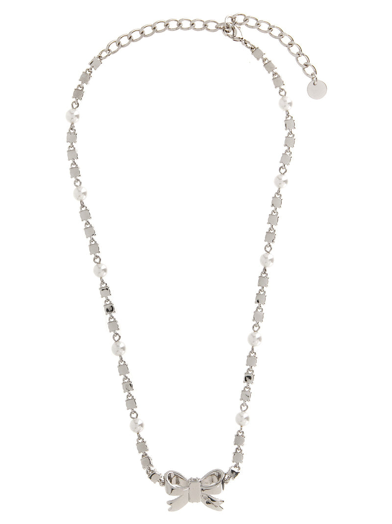 Self-Portrait Crystal Bow Pearl Necklace — Silver Necklaces