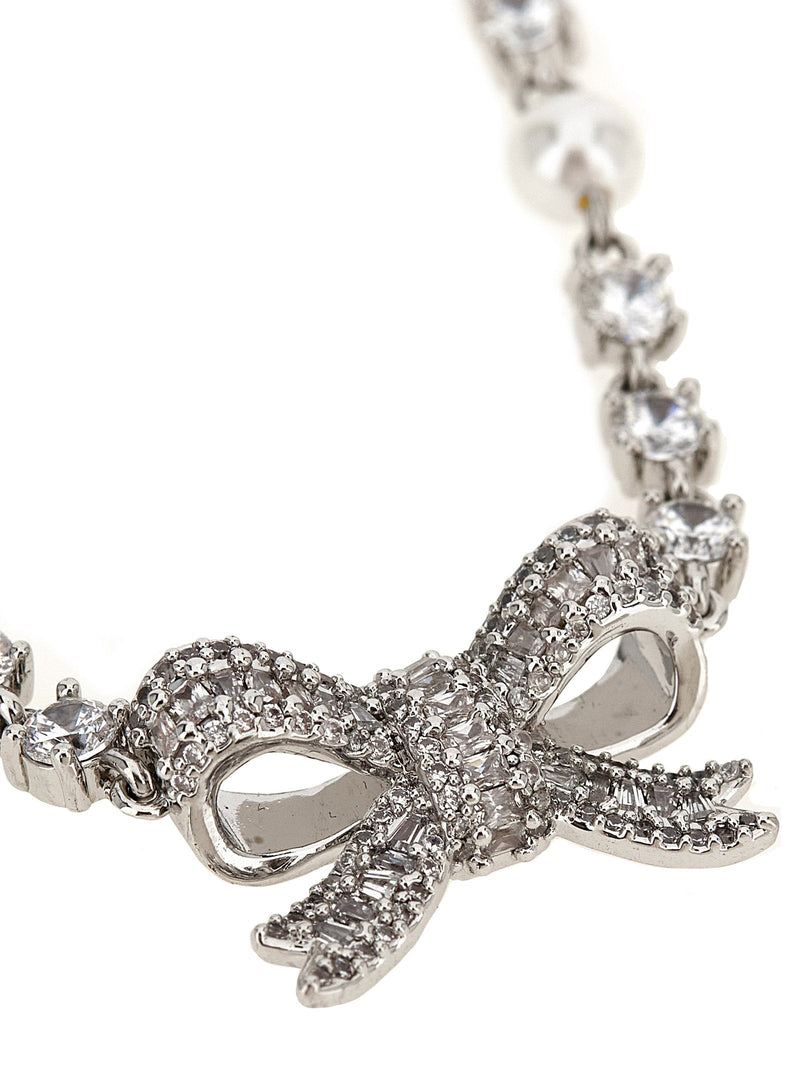 Self-Portrait Crystal Bow Pearl Necklace — Silver Necklaces