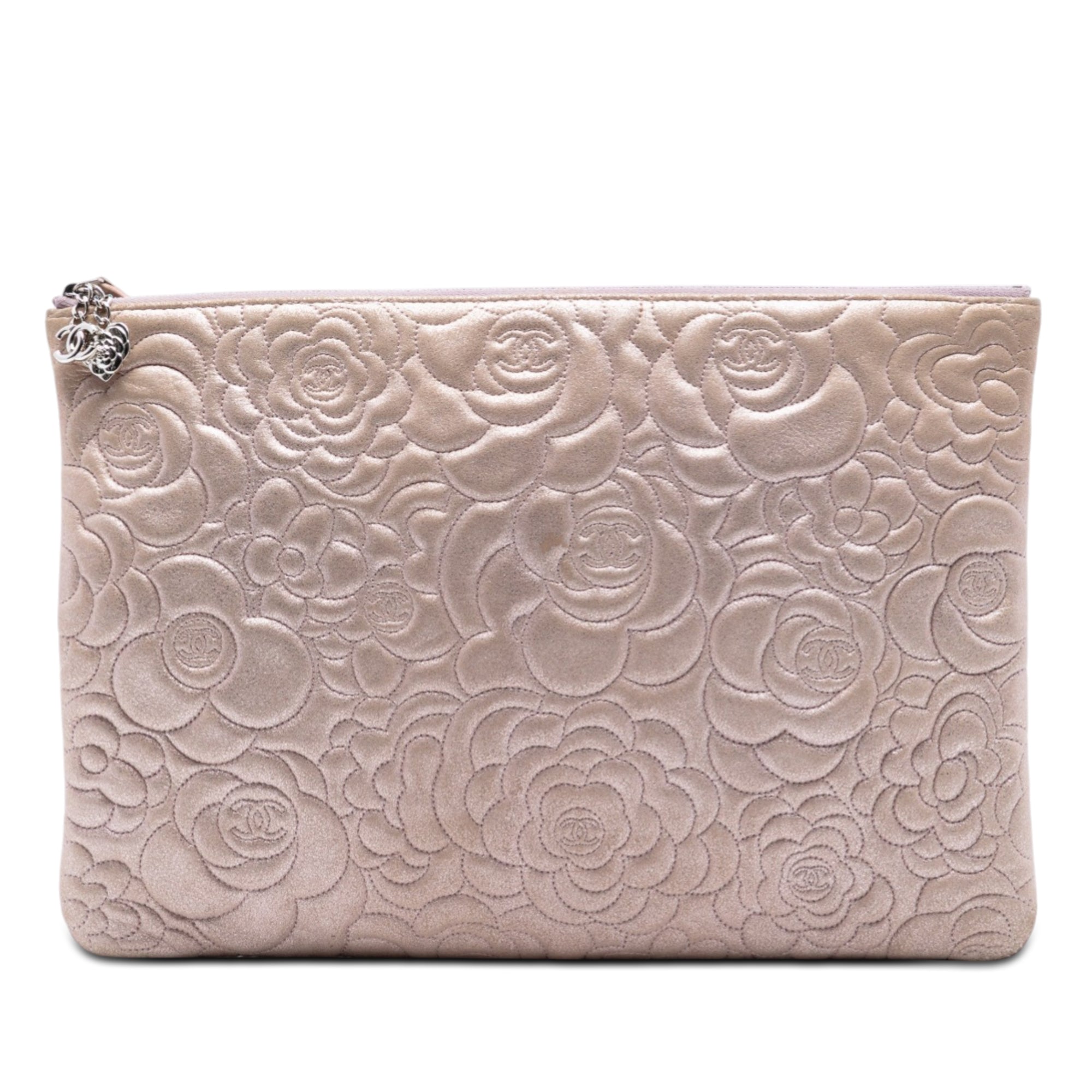 Large CC Embossed Metallic Lambskin Camellia O Case Clutch - Image 1