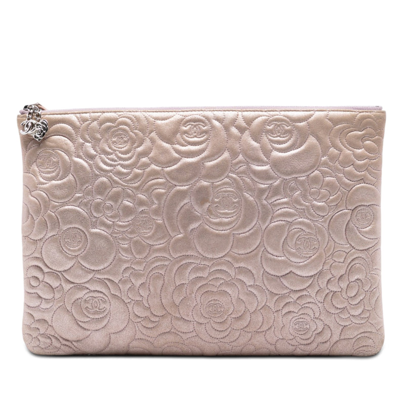 Large CC Embossed Metallic Lambskin Camellia O Case Clutch