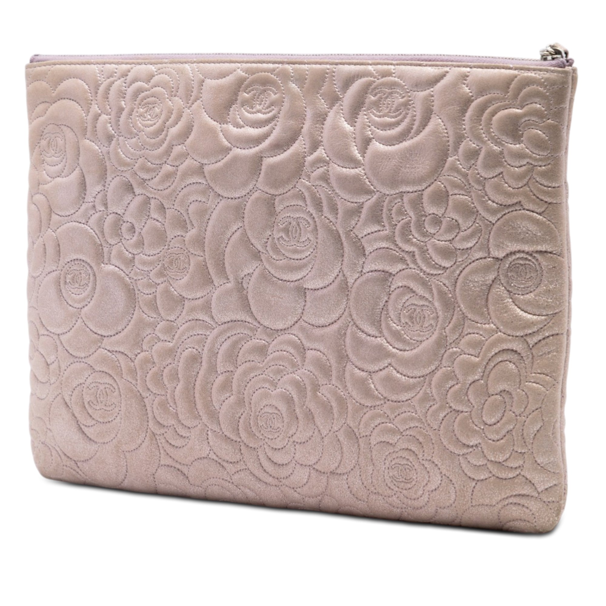 Large CC Embossed Metallic Lambskin Camellia O Case Clutch - Image 2