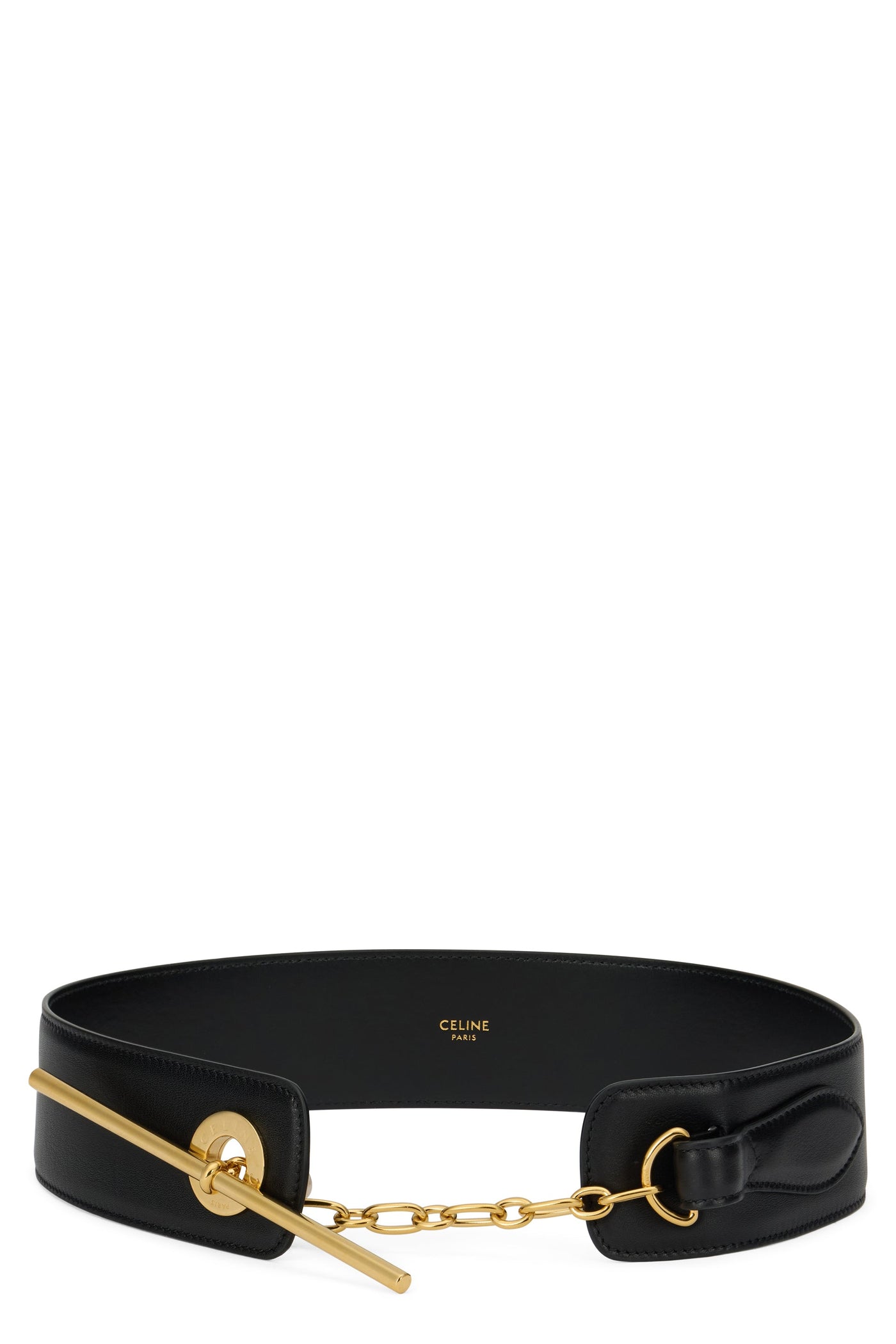Celine Gold-Chain Buckle Leather Belt — Black Calf