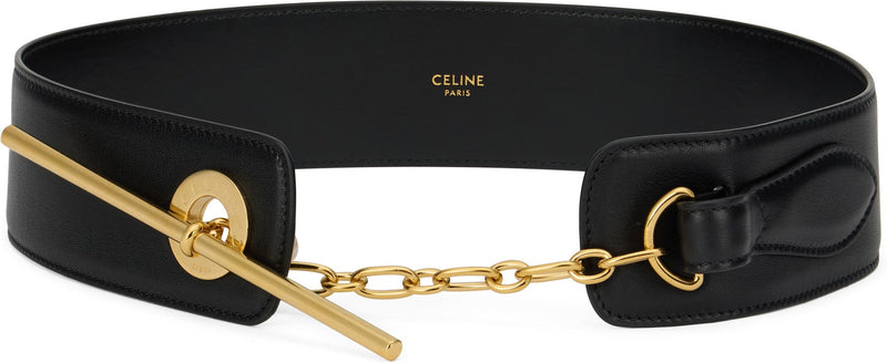 Celine Gold-Chain Buckle Leather Belt — Black Calf