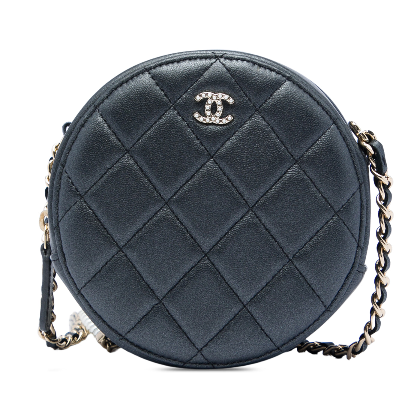 CC Quilted Iridescent Lambskin Pearl Round Clutch with Chain - Image 1