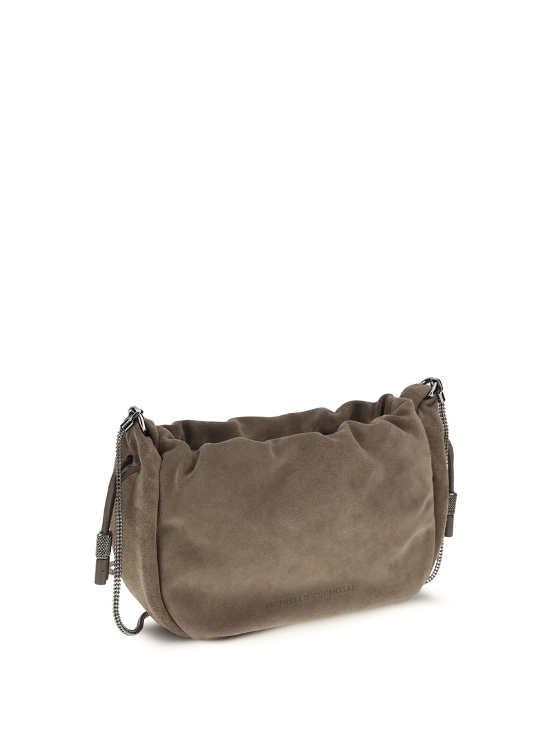 Brunello Cucinelli Suede With Precious Chain Shoulder Bag — Gray Calf Leather Bos Taurus