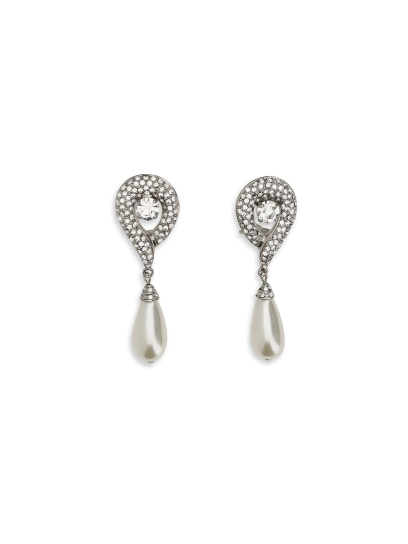 Alessandra Rich Crystal & Pearl Drop Earrings — Silver Brass