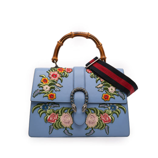 Large Calfskin Floral Embroidered Bamboo Dionysus Web Satchel - Image 1