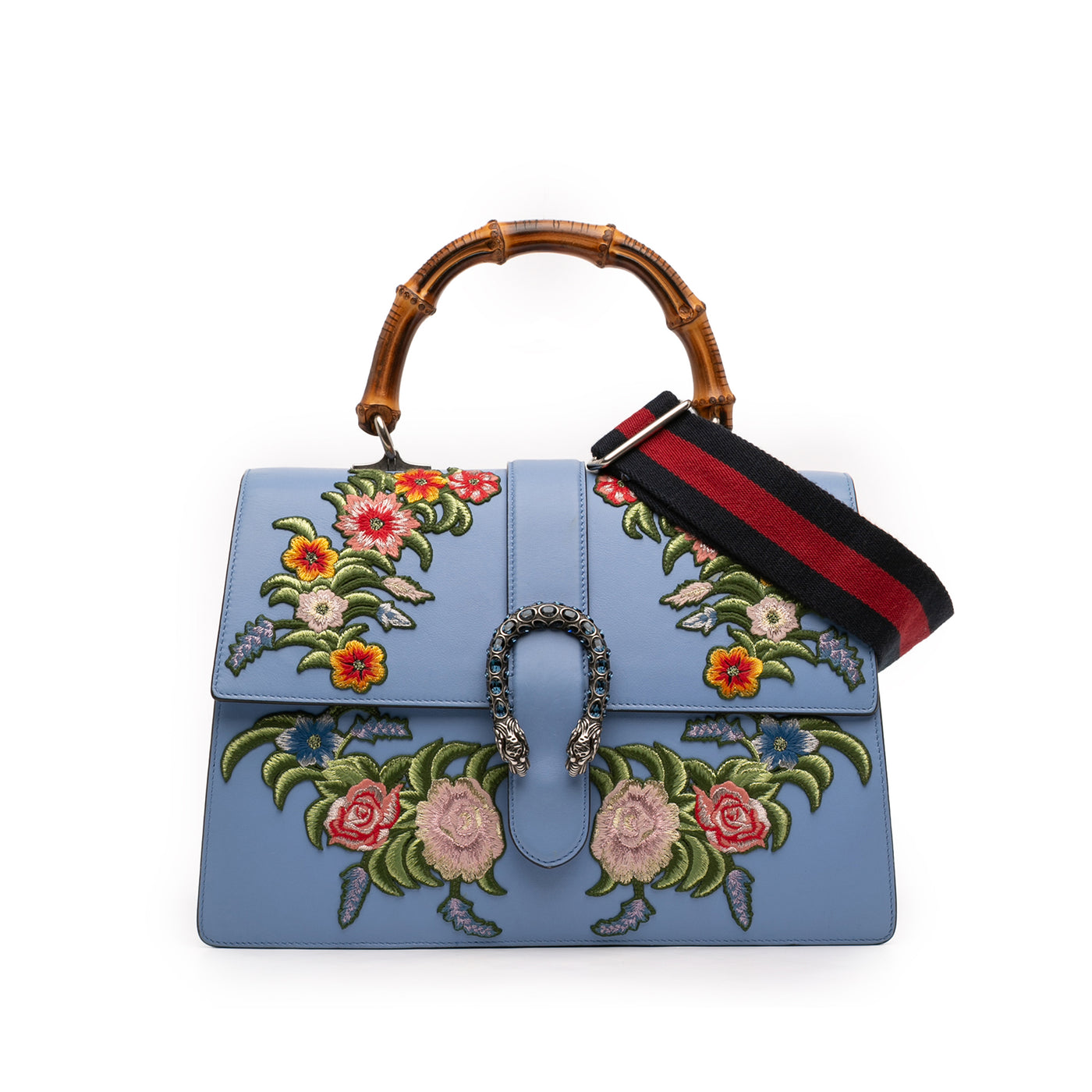 Large Calfskin Floral Embroidered Bamboo Dionysus Web Satchel - Image 1