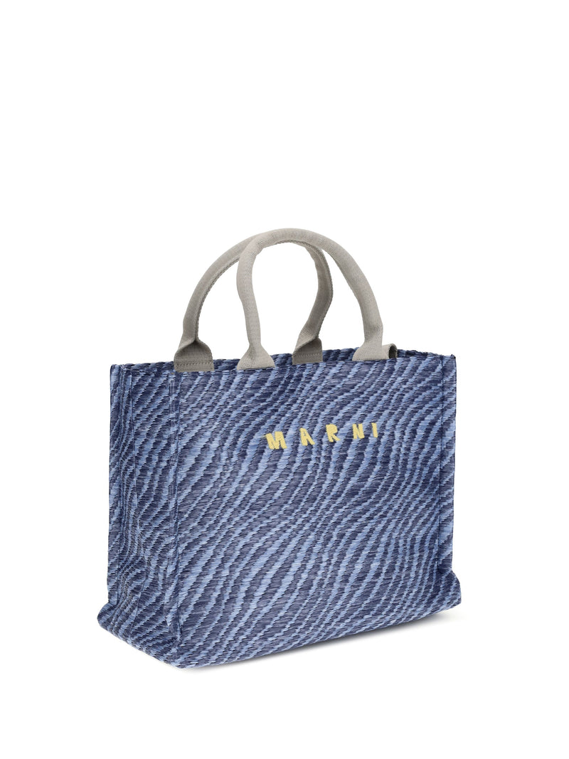 Marni Zebra-Striped Nylon-Polyester Tote Bag — Blue Nylon; Polyester