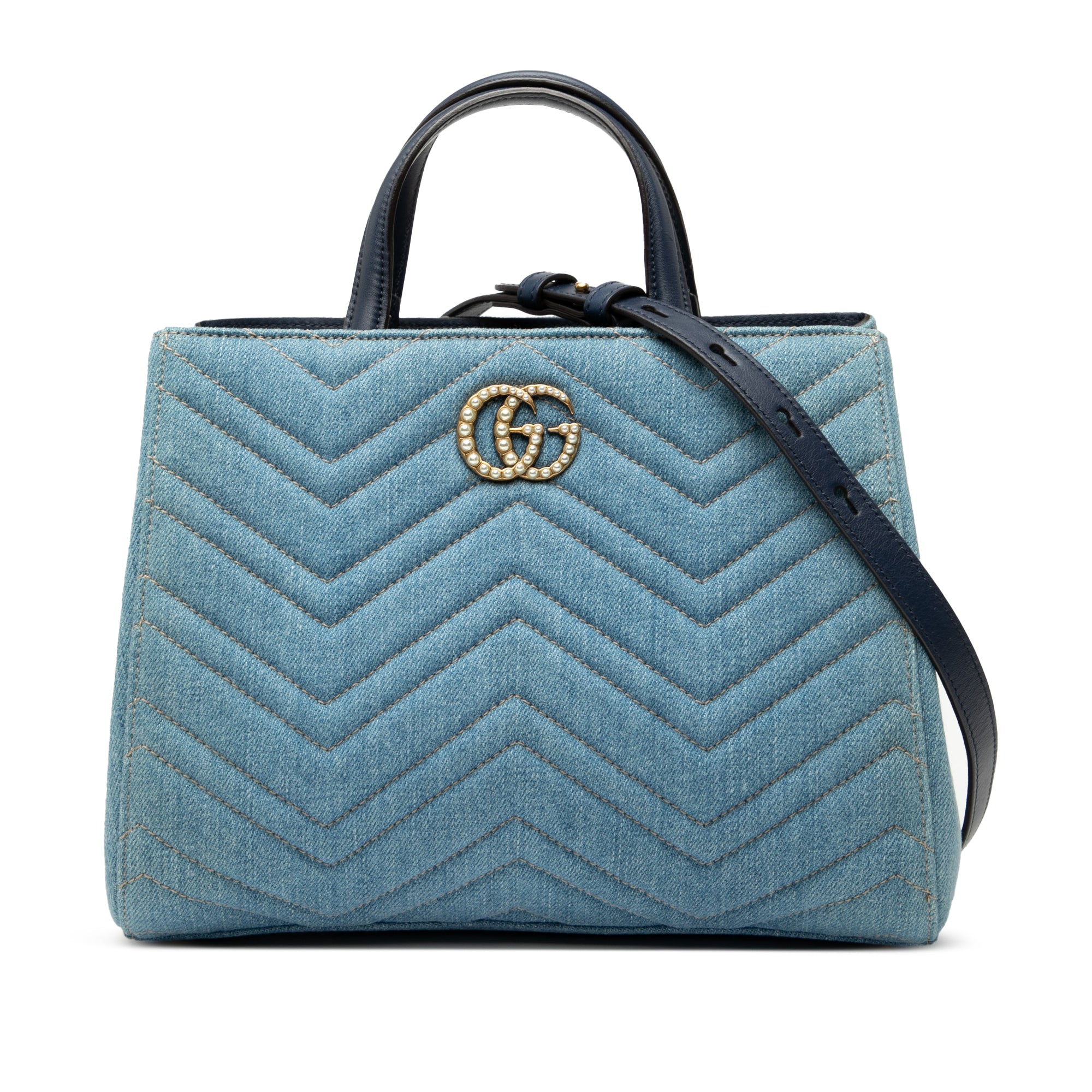 Small GG Marmont Matelasse Denim Pearly Satchel - Image 1