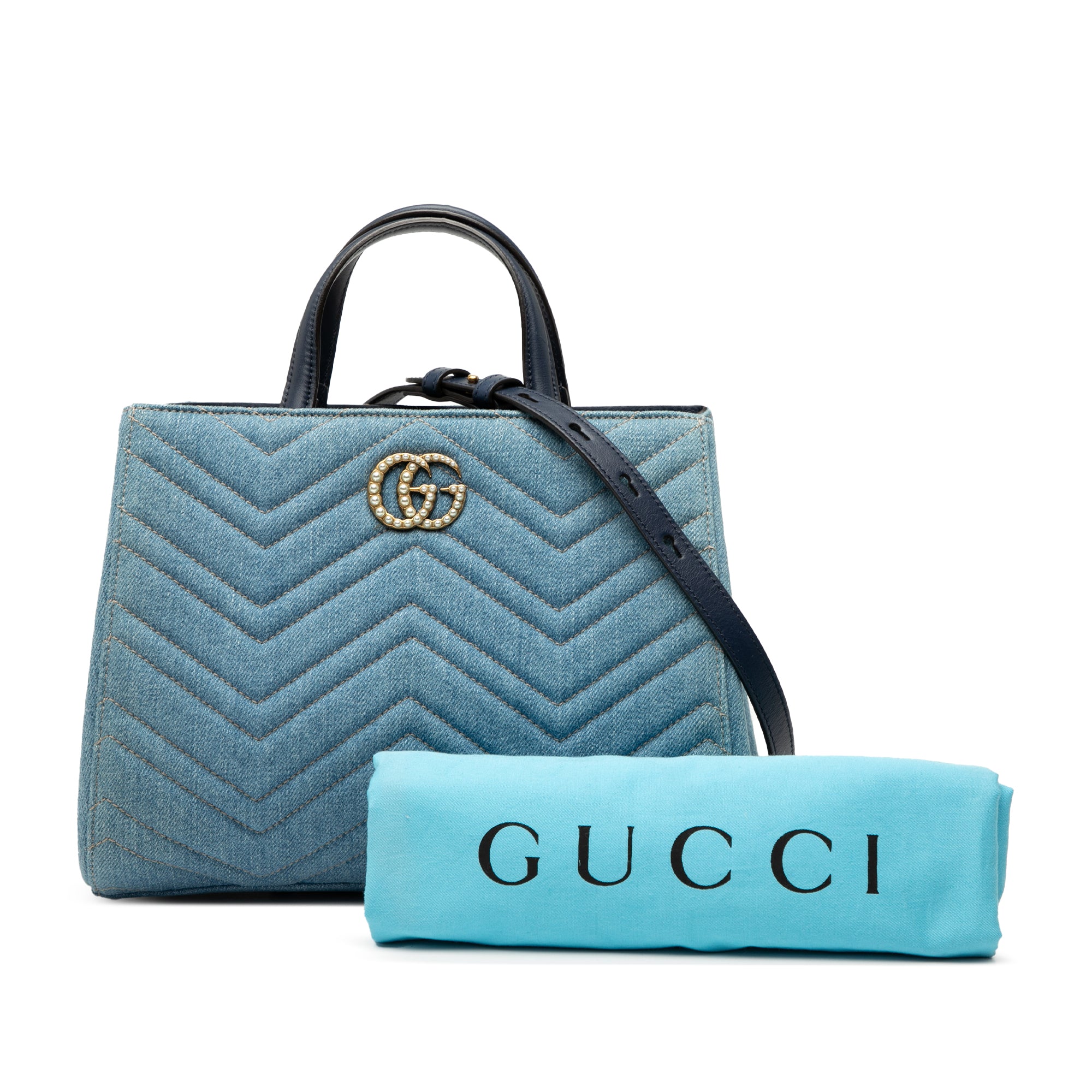 Small GG Marmont Matelasse Denim Pearly Satchel - Image 8