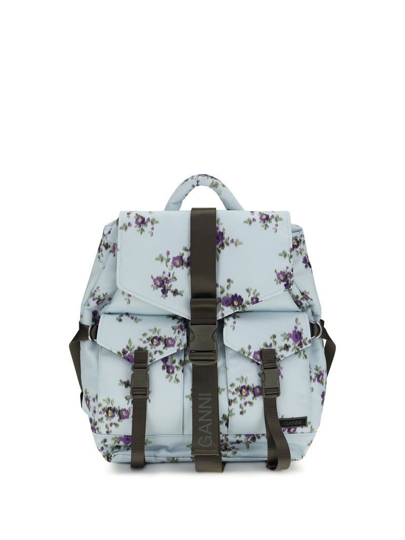 Ganni Floral-Print Re-Tech Nylon Backpack — Blue Polyester Hand Bags
