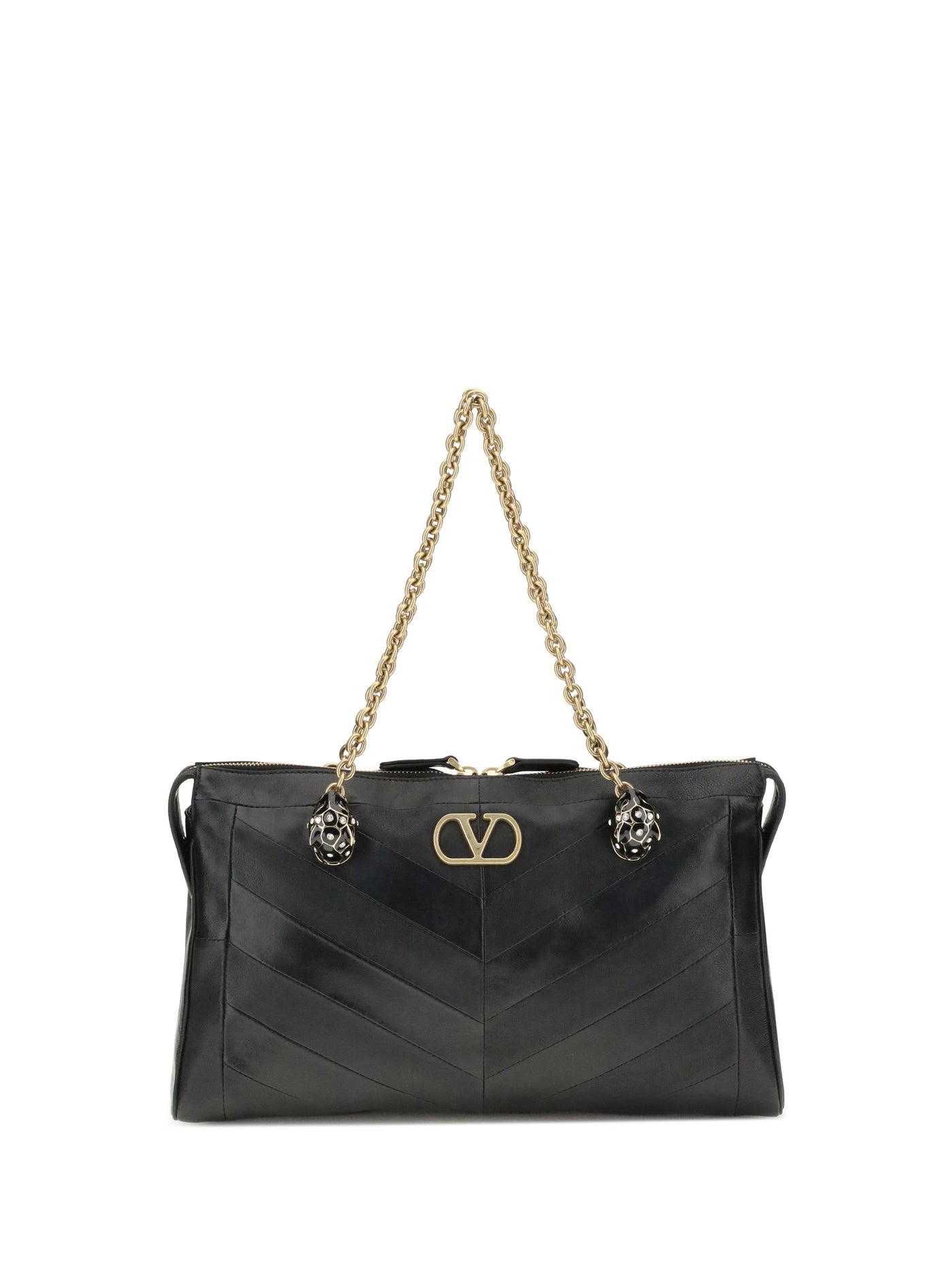 Valentino Garavani Panthea Chevron Shoulder Bag — Black Lamb Ovis Aries
