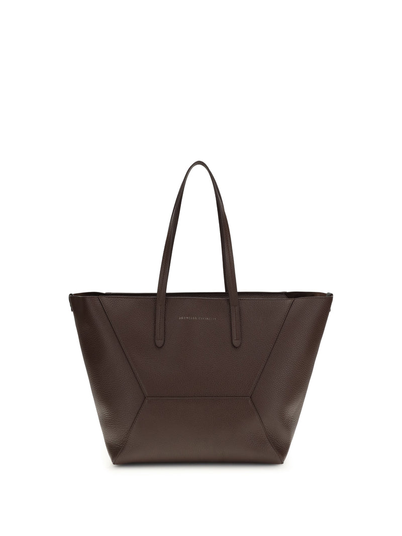 Brunello Cucinelli Hammered Calf Leather Tote Bag — Brown