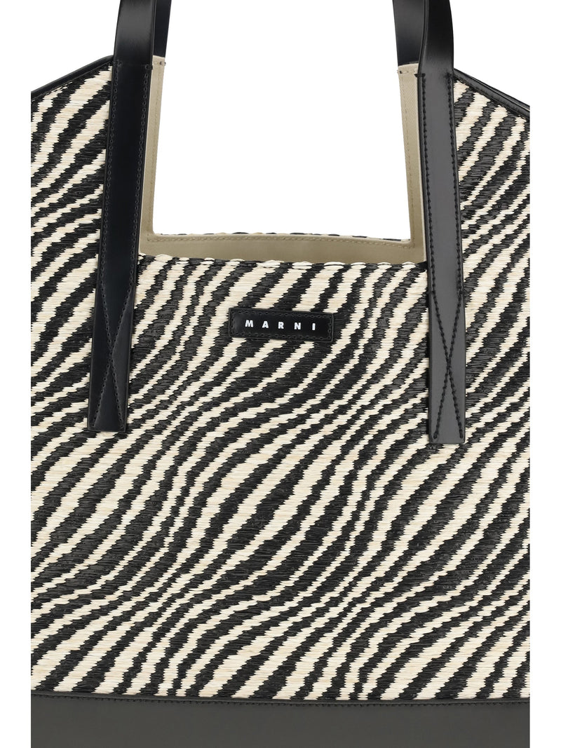 Marni Raffia-Effect Woven Tote Bag — Black Polyamide