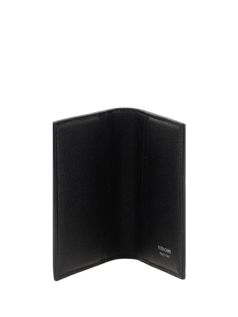 Ferragamo Monogram Embossed Calf Leather Card Holder — Black Bos Taurus Wallet