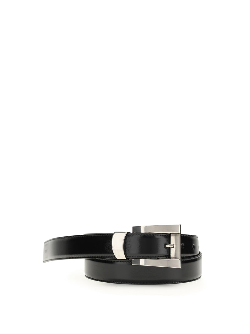 Versace Rectangular Palladium Buckle Calf Leather Belt — Black