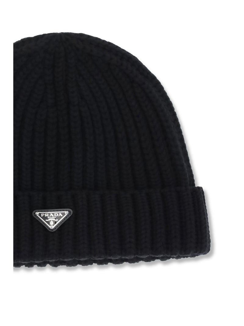 Prada 2hc3902dzl Ribbed Virgin Wool Beanie — Black Fleece Ovis Aries Beanies