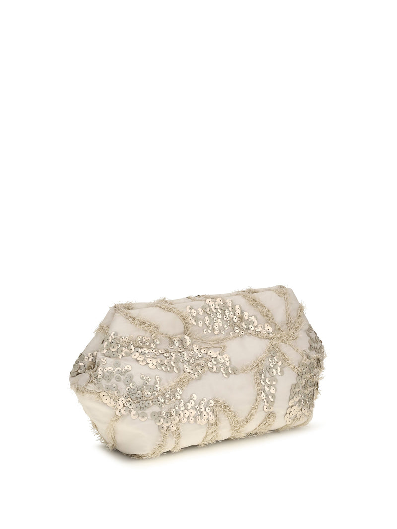 Brunello Cucinelli Sequin-Embroidered Silk Organza Clutch — Beige