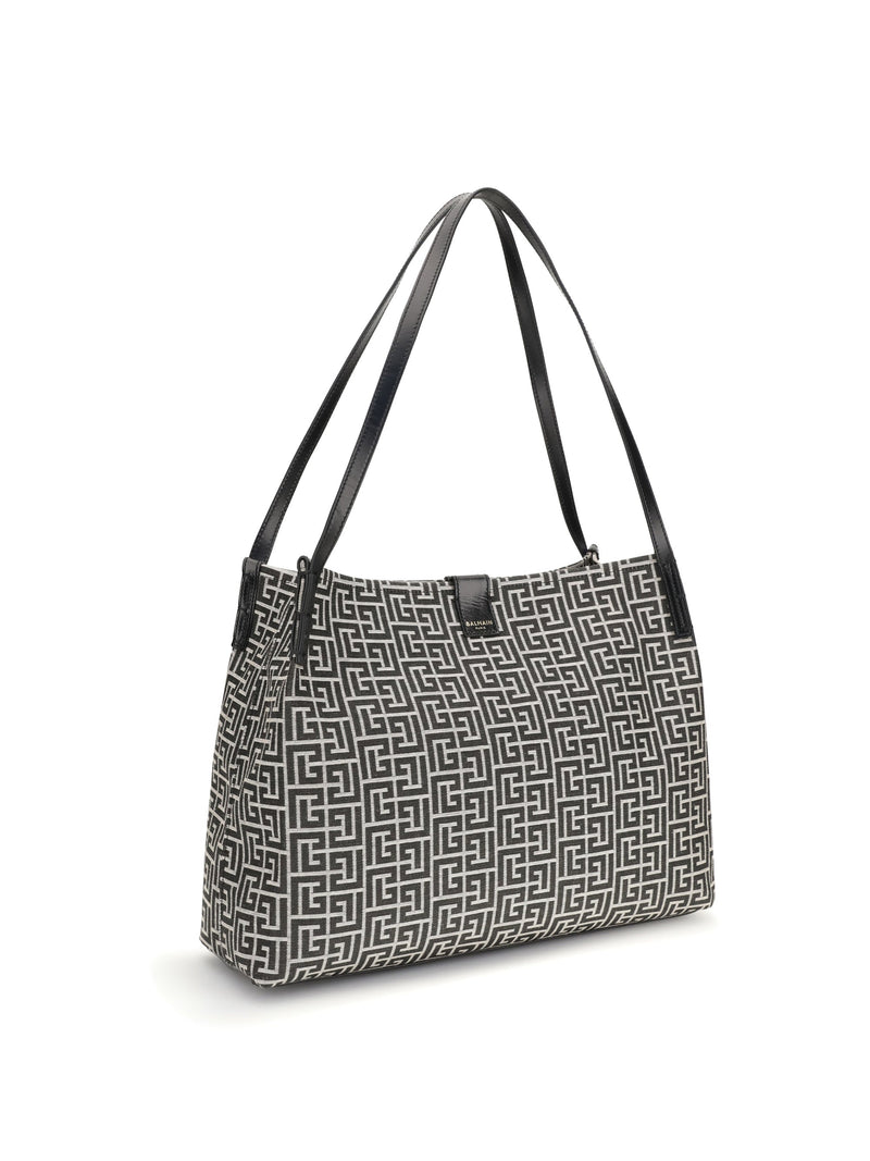 Balmain Logo-Jacquard Cotton Shoulder Bag — Black
