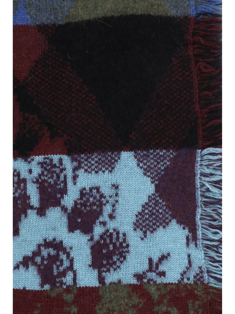 Dries Van Noten Mixed Print Fringed Scarf — Purple Merino Wool (ovis Aries) Scarfs