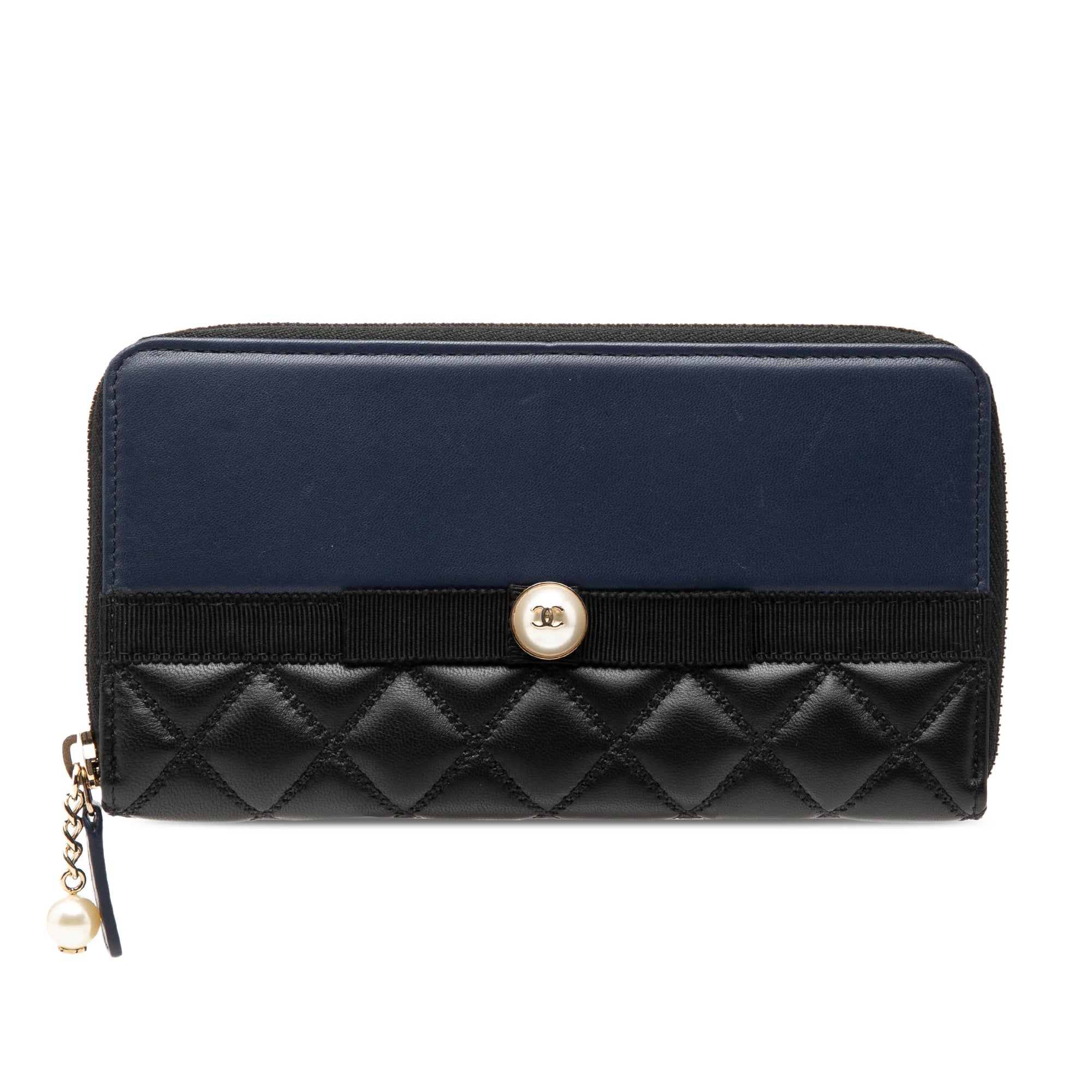 Bicolor Quilted Lambskin Faux Pearl Ribbon Long Wallet - Image 1