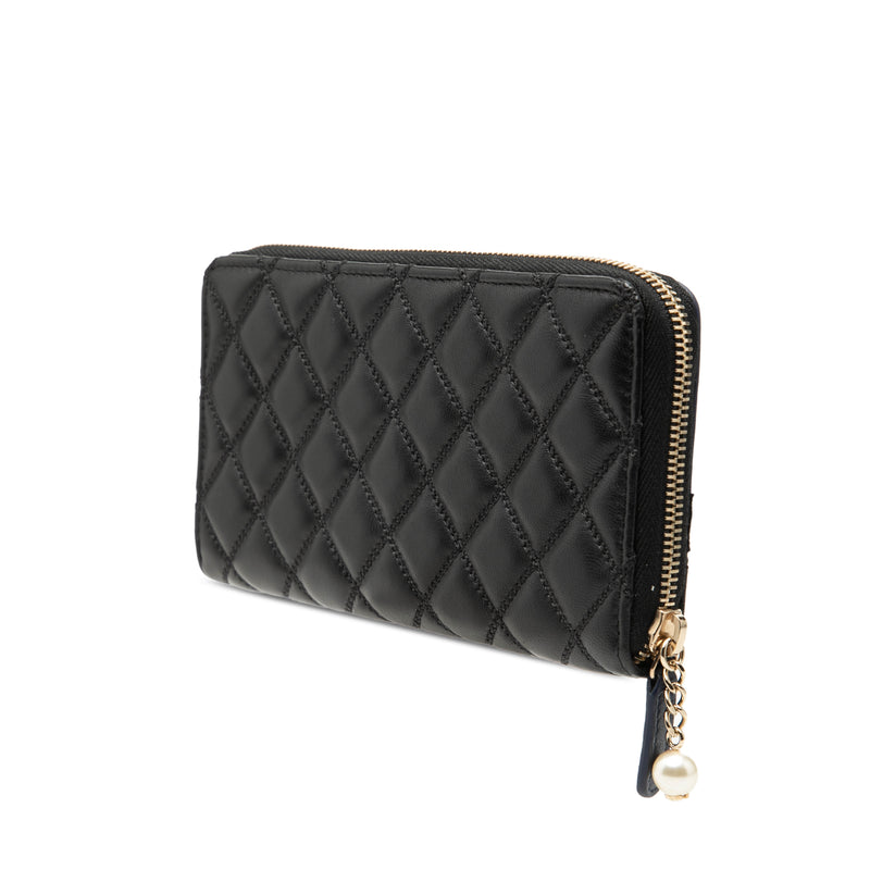 Bicolor Quilted Lambskin Faux Pearl Ribbon Long Wallet - Image 2