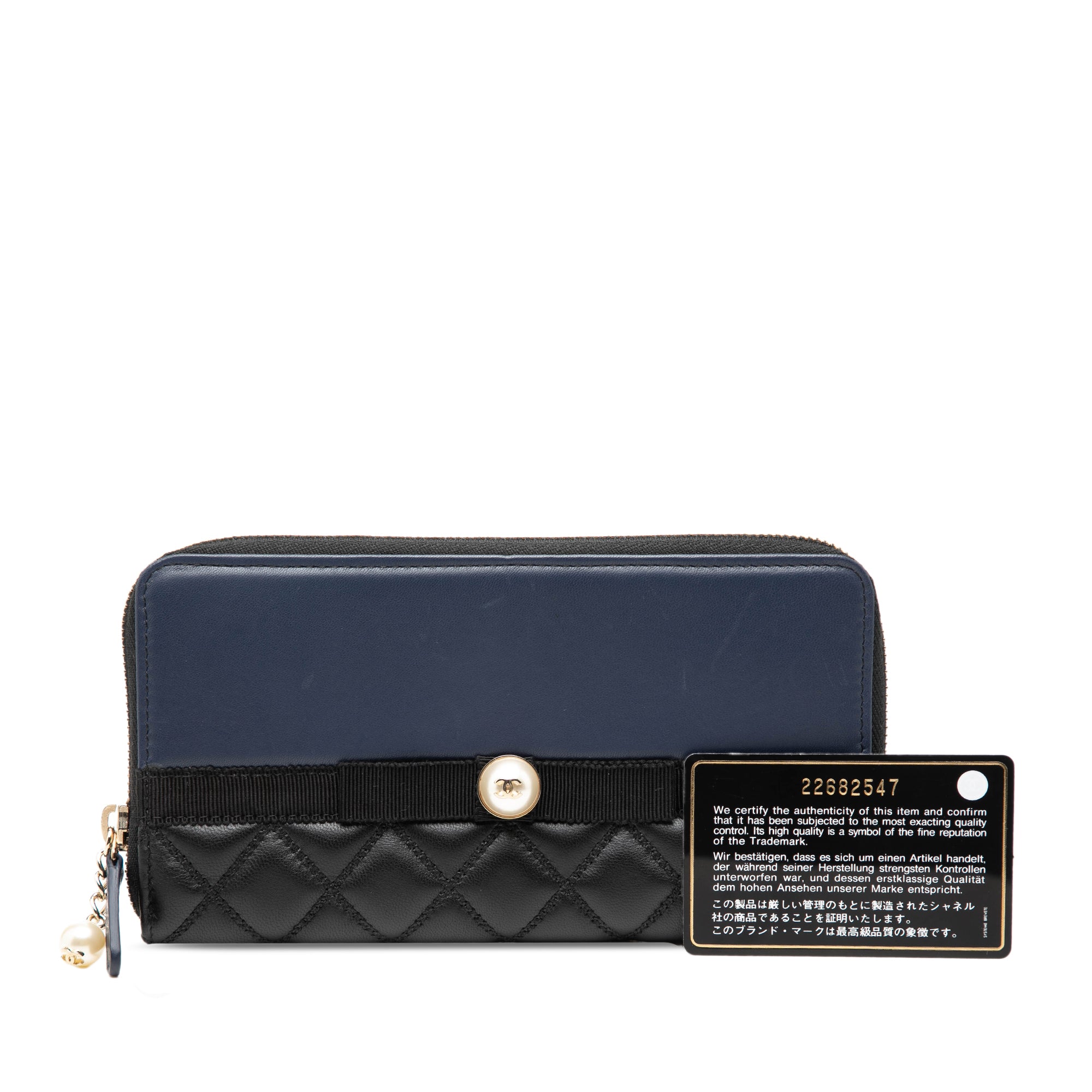 Bicolor Quilted Lambskin Faux Pearl Ribbon Long Wallet - Image 8