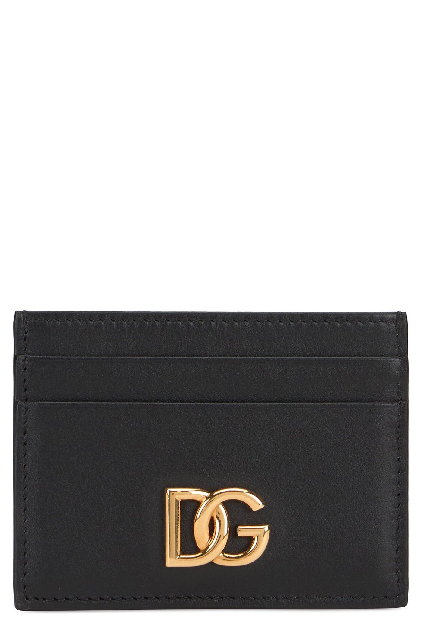Dolce & Gabbana Gold-Logo Calfskin Card Case — Black Wallets Purses