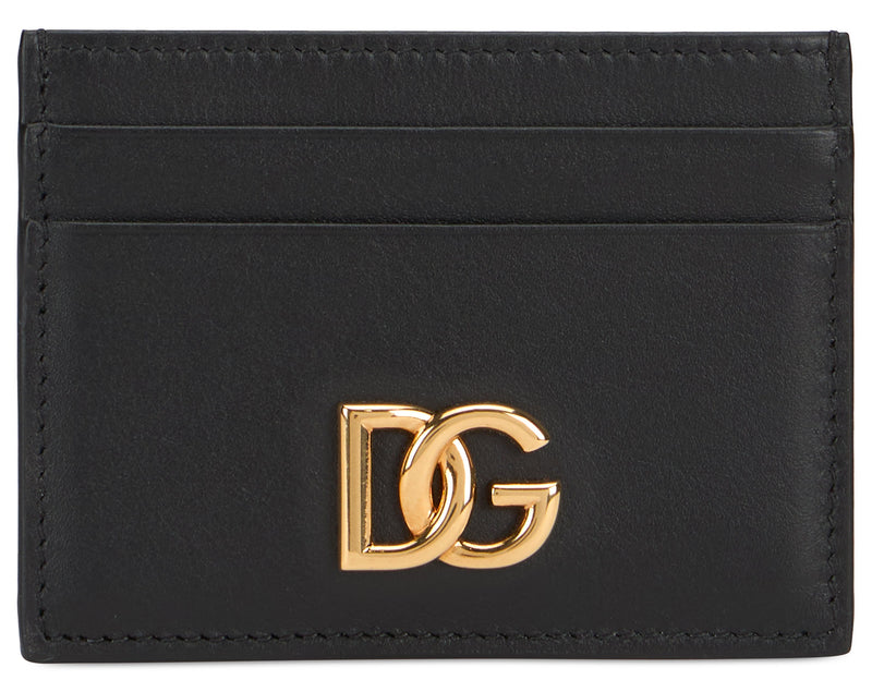 Dolce & Gabbana Gold-Logo Calfskin Card Case — Black Wallets Purses