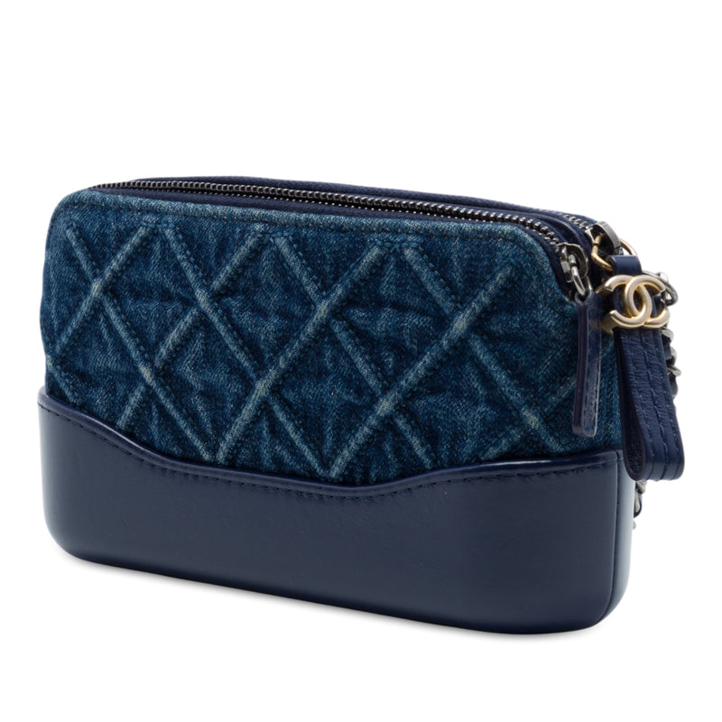 Quilted Denim Gabrielle Double Zip Clutch with Chain - Image 2