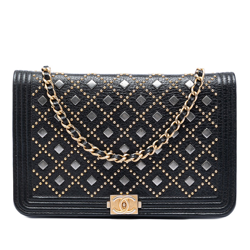 Studded Grained Calfskin Boy Wallet On Chain