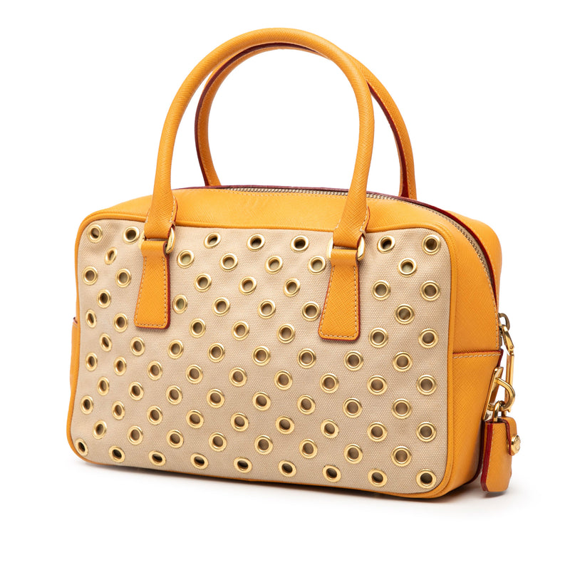 Small Saffiano Trimmed Canvas Grommet Bauletto Bag - Image 2