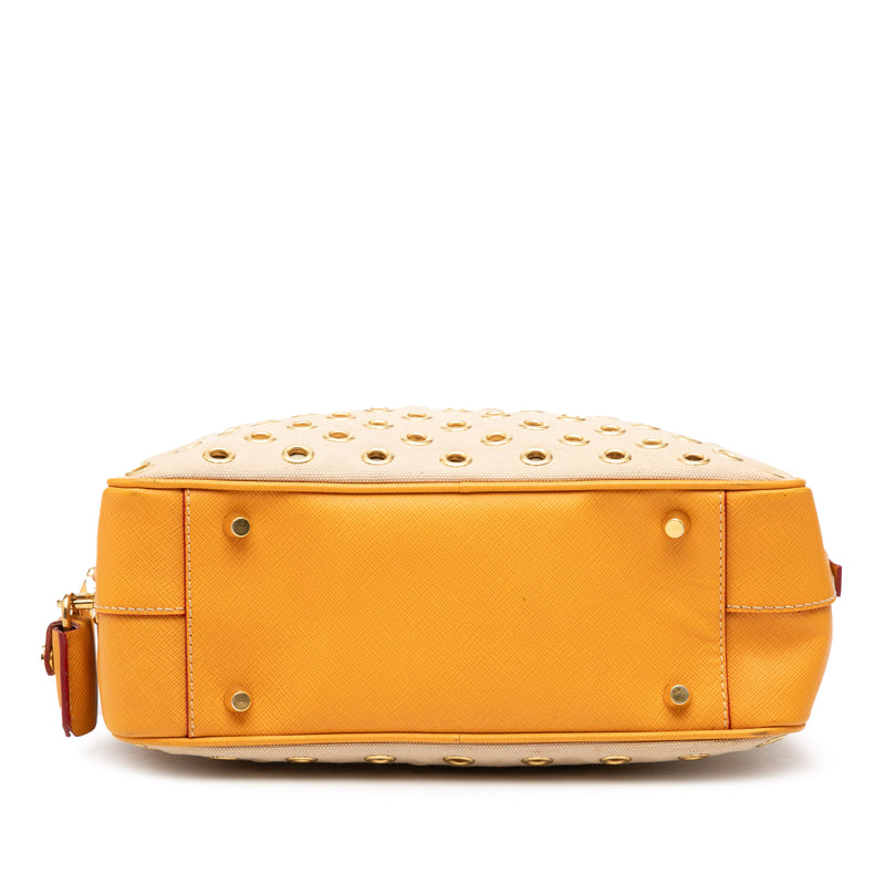 Small Saffiano Trimmed Canvas Grommet Bauletto Bag - Image 3
